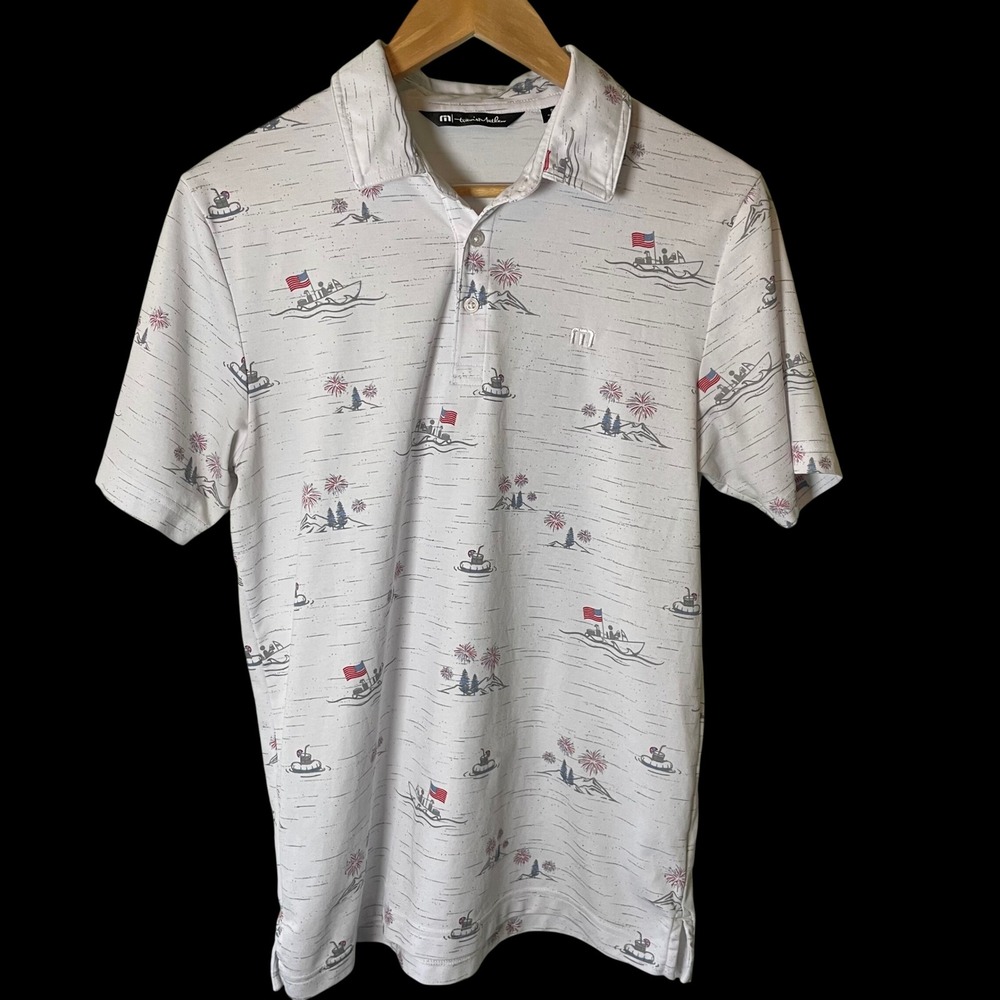 Travis Mathew Men's Lake Break Polo Small Patriotic Fireworks Golf USA Flaw